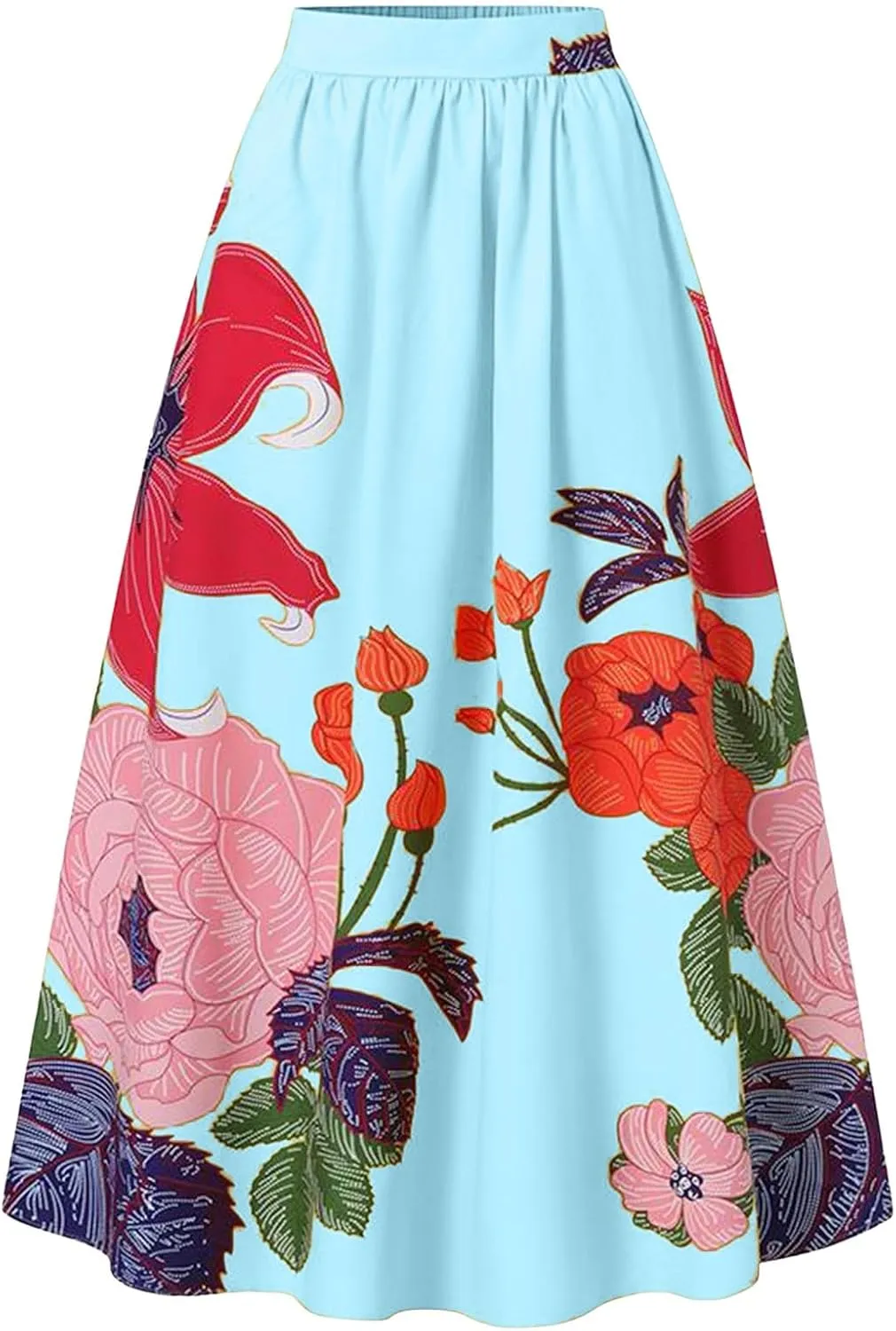 Women's Floral Ruffle Skirts Boho Maxi Skirt Plus Size High Waist Fashion Loose Hem Backless Beach Dresses Pocket