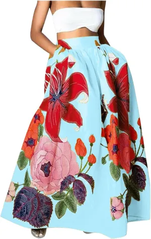 Women's Floral Ruffle Skirts Boho Maxi Skirt Plus Size High Waist Fashion Loose Hem Backless Beach Dresses Pocket