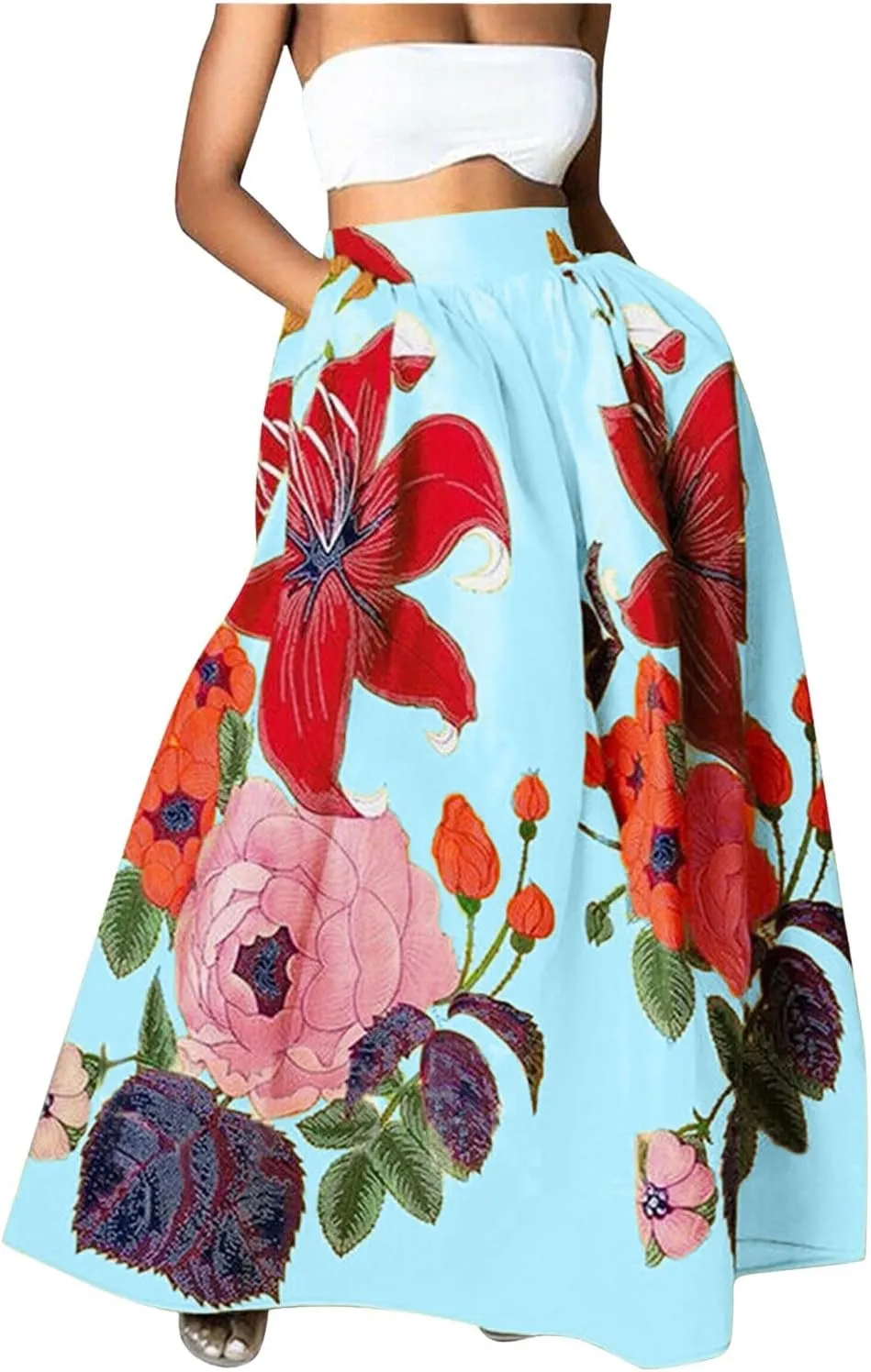 Women's Floral Ruffle Skirts Boho Maxi Skirt Plus Size High Waist Fashion Loose Hem Backless Beach Dresses Pocket