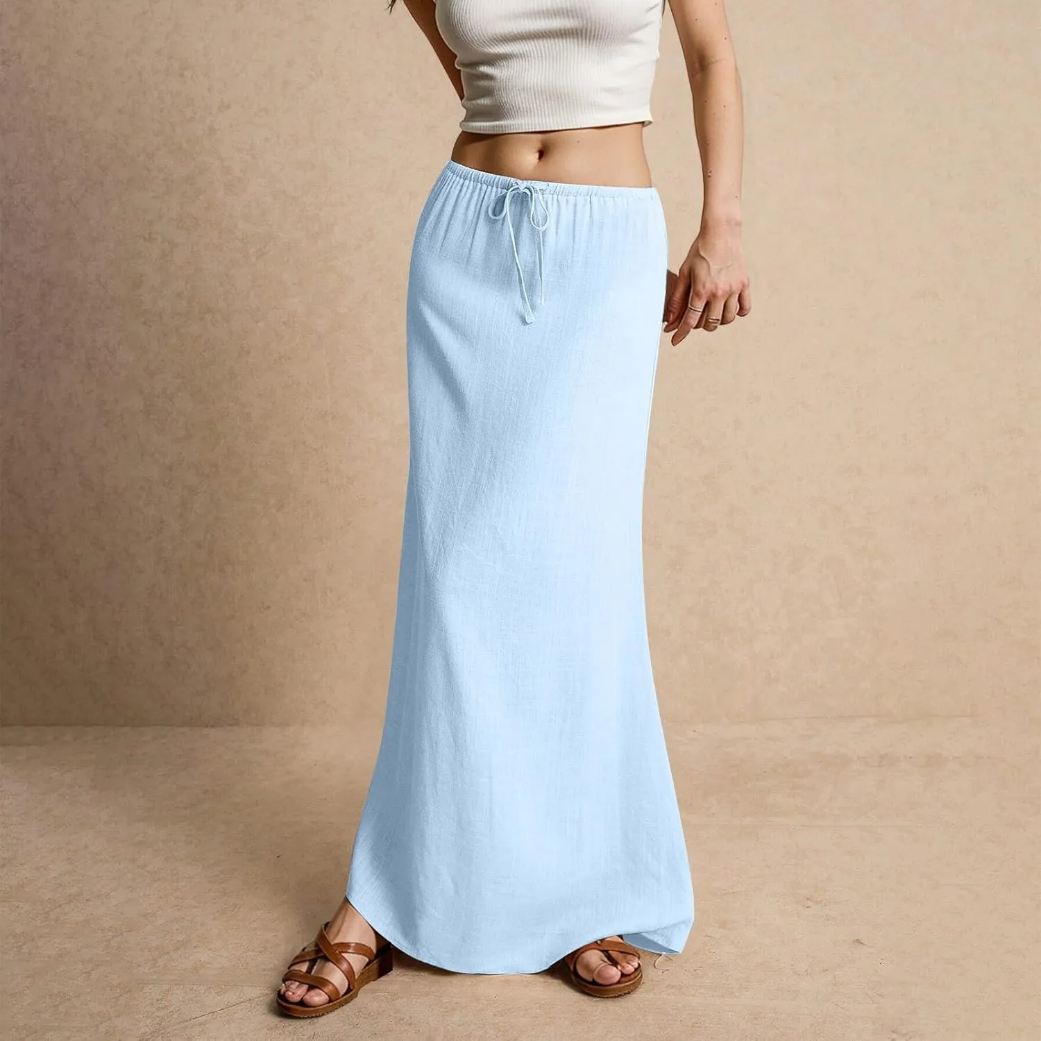 Women's High Waist Linen A-Line Maxi Skirt - Flowy Summer Skirts with Pockets, Casual & Trendy