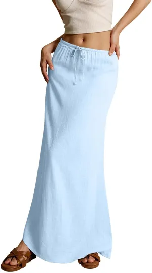 Women's High Waist Linen A-Line Maxi Skirt - Flowy Summer Skirts with Pockets, Casual & Trendy