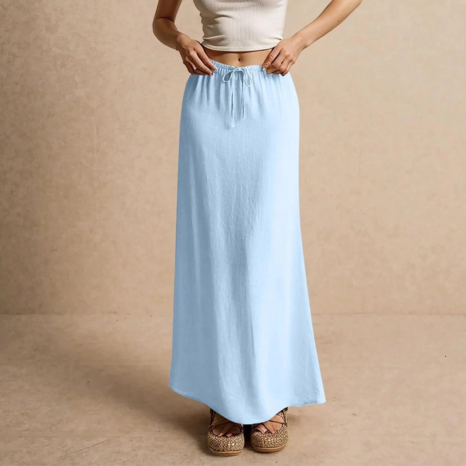 Women's High Waist Linen A-Line Maxi Skirt - Flowy Summer Skirts with Pockets, Casual & Trendy