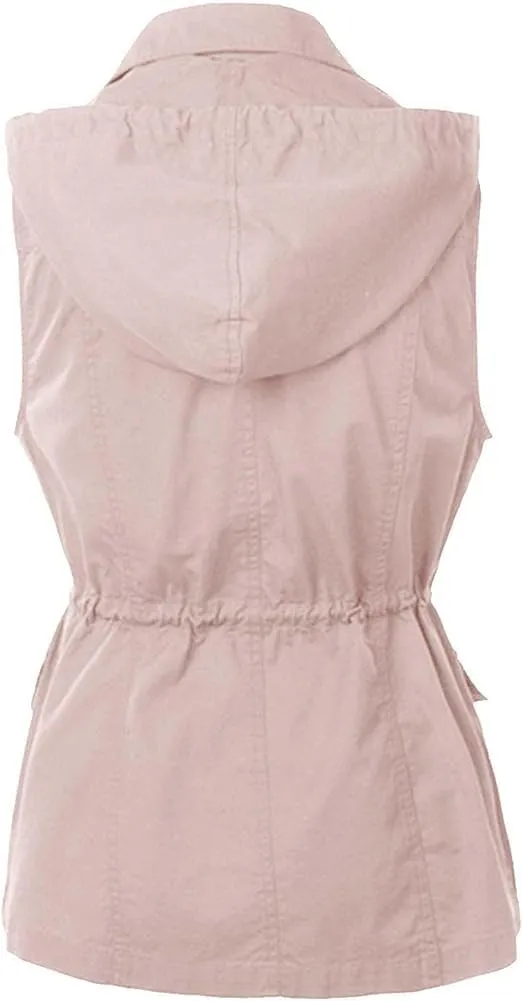 Women's Hooded Vest Casual Military Utility Drawstring Lightweight Sleeveless Hoodies Jacket with Pockets