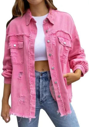 Women's Jean Jacket Oversized Boyfriend Button Up Long Sleeve Split Denim Jackets