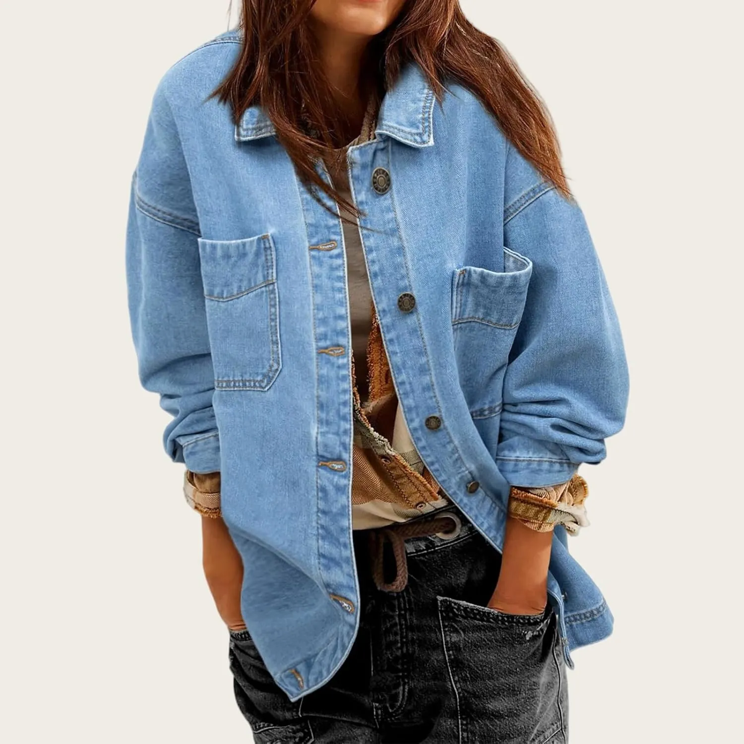 Womens Jean Jacket Oversized Mid Long Denim Jacket Boyfriend Button Up Jacket with Pockets