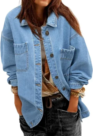 Womens Jean Jacket Oversized Mid Long Denim Jacket Boyfriend Button Up Jacket with Pockets