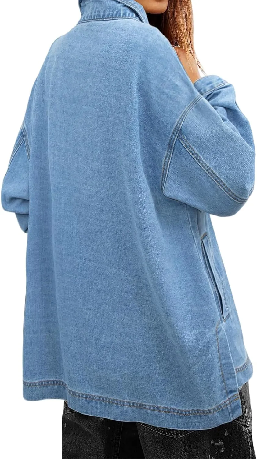 Womens Jean Jacket Oversized Mid Long Denim Jacket Boyfriend Button Up Jacket with Pockets