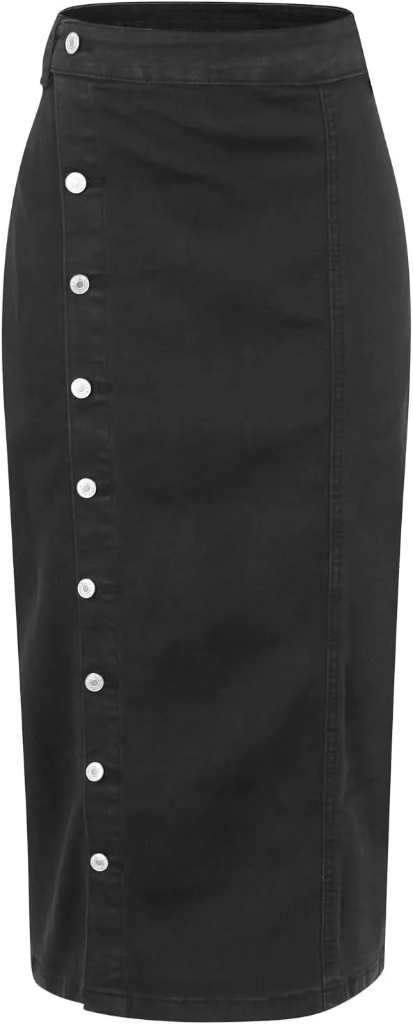 Women's Knee Length Denim Skirt High Stretch Button Front Slit Denim High Waist Long Skirt Slim A-line Denim