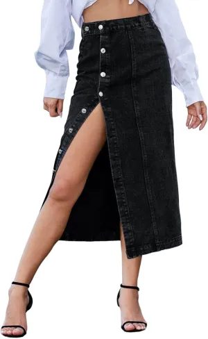 Women's Knee Length Denim Skirt High Stretch Button Front Slit Denim High Waist Long Skirt Slim A-line Denim