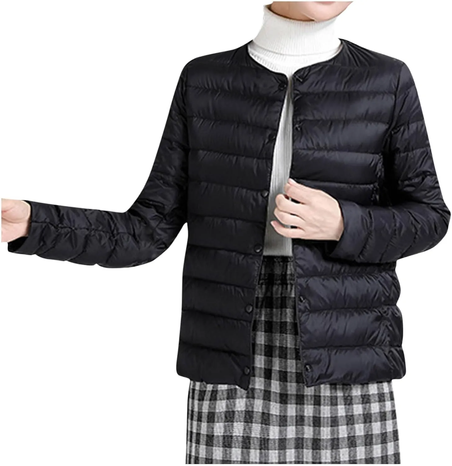 Womens Lightweight Packable Puffer Jackets Long Sleeve Down Coats Button Up Cardigan Short Winter Coat Quilted Jacket