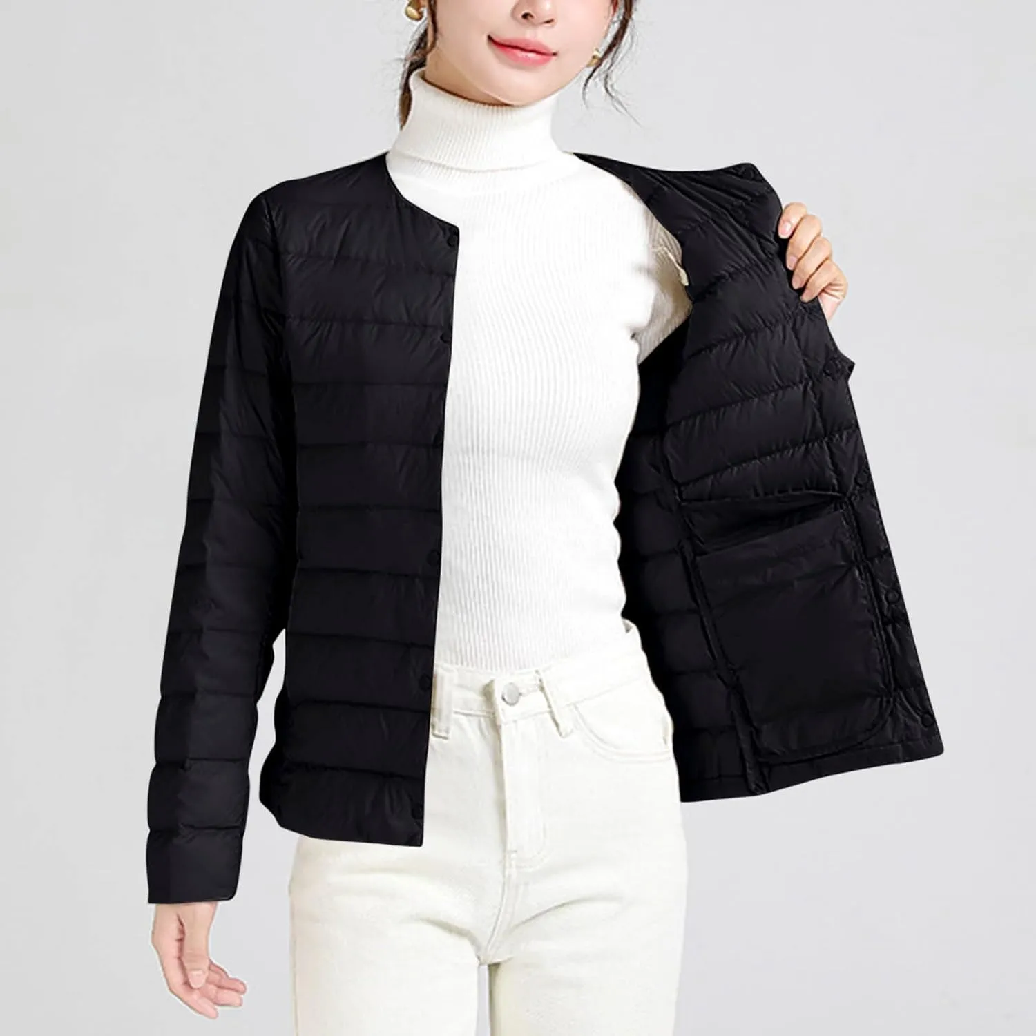 Womens Lightweight Packable Puffer Jackets Long Sleeve Down Coats Button Up Cardigan Short Winter Coat Quilted Jacket