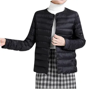 Womens Lightweight Packable Puffer Jackets Long Sleeve Down Coats Button Up Cardigan Short Winter Coat Quilted Jacket