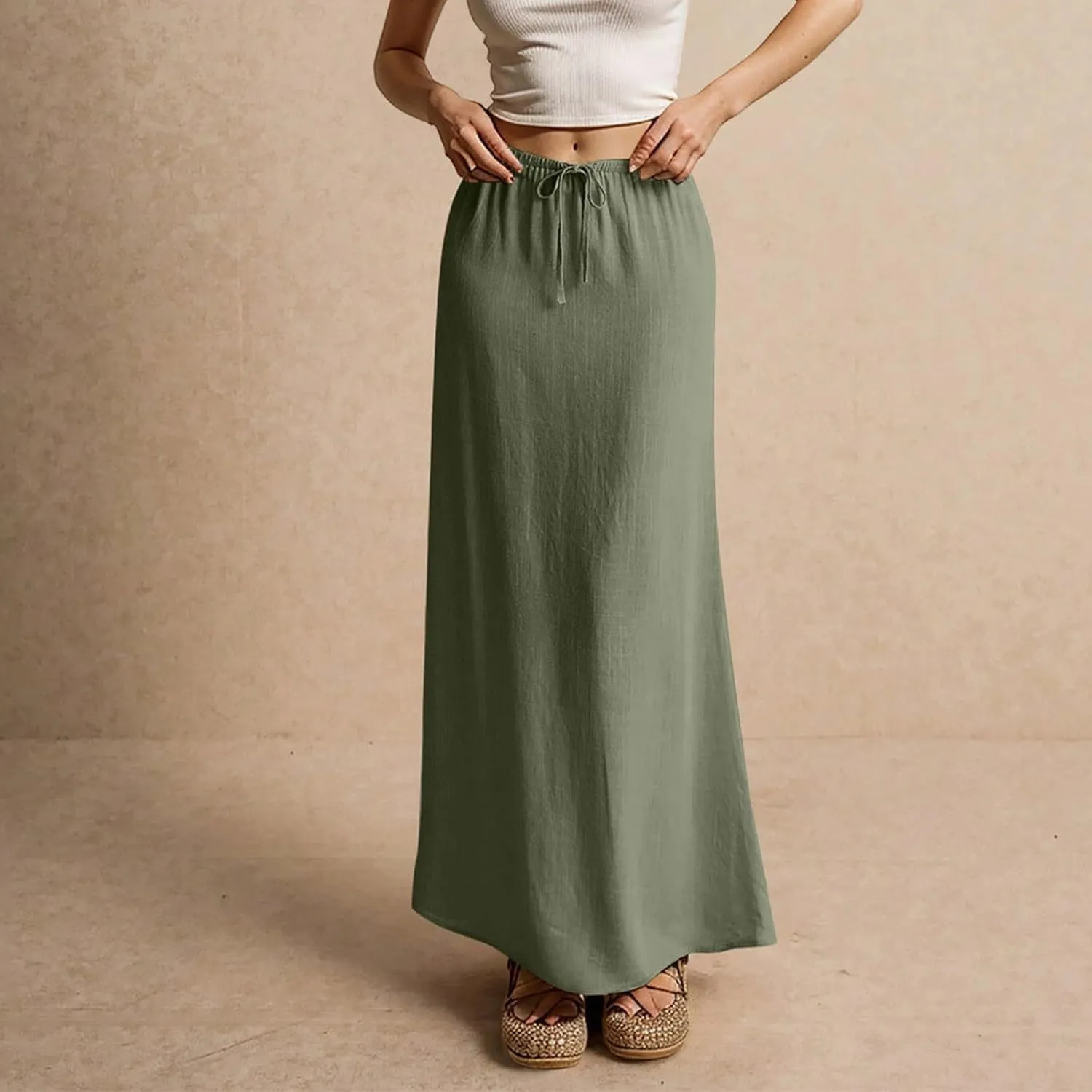Womens Linen Maxi Skirt Drawstring High Waisted Summer Long Skirts Lightweight Tiered Flowy Skirts