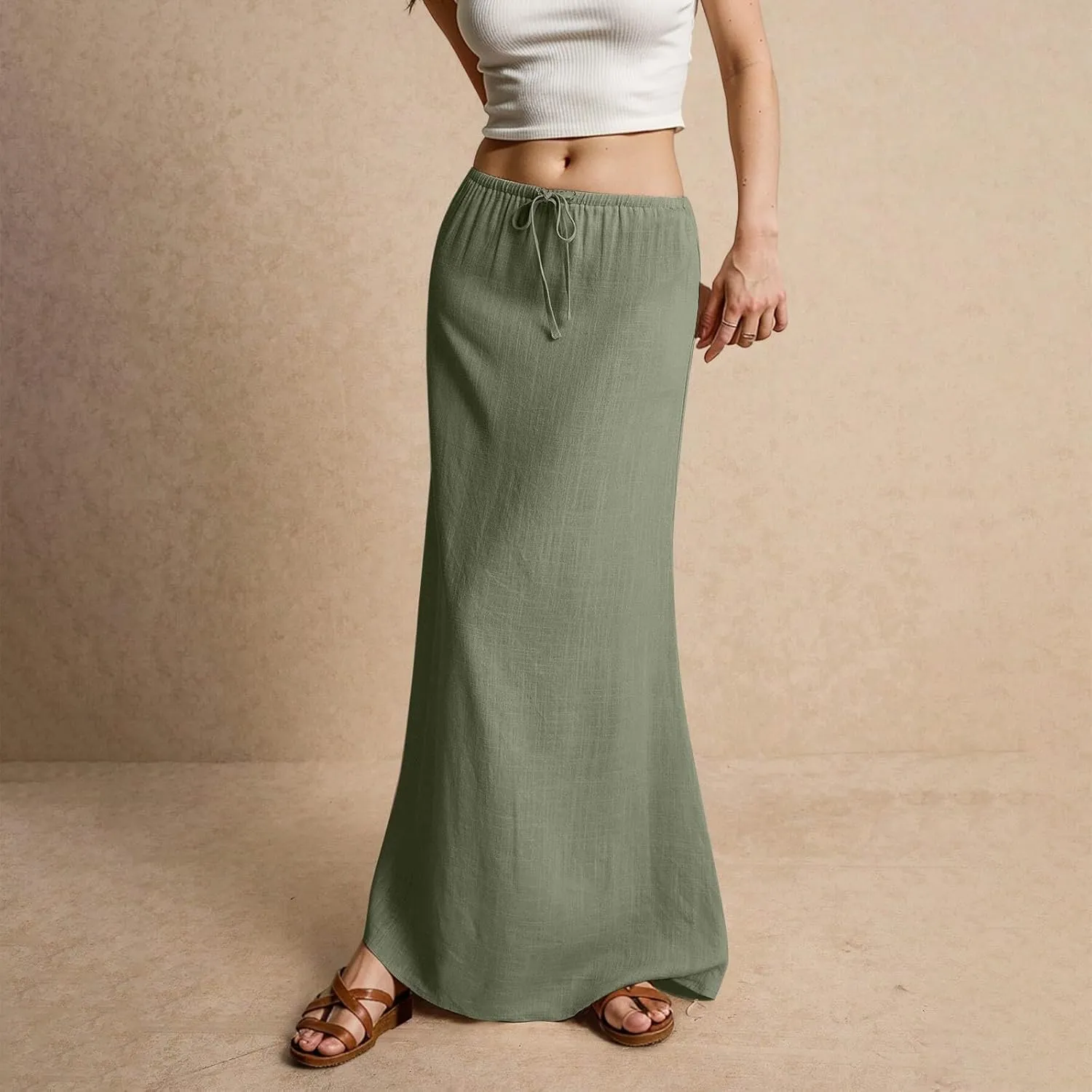 Womens Linen Maxi Skirt Drawstring High Waisted Summer Long Skirts Lightweight Tiered Flowy Skirts