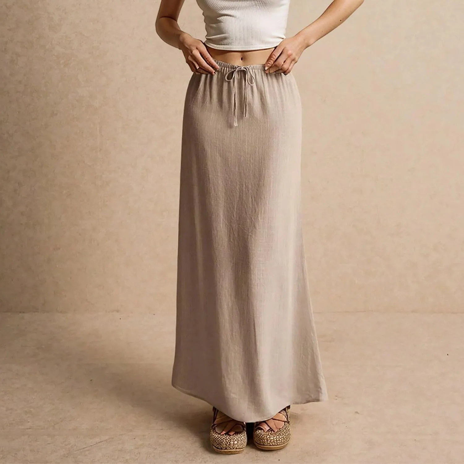 Womens Linen Maxi Skirt Drawstring High Waisted Summer Long Skirts Lightweight Tiered Flowy Skirts