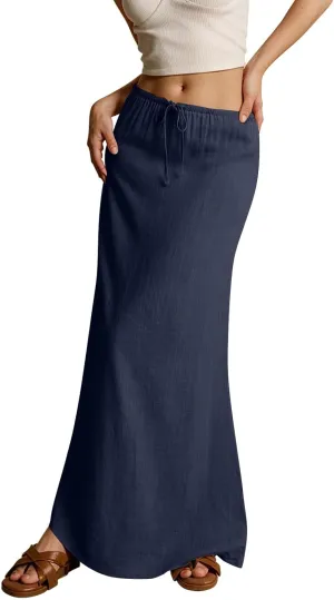 Womens Linen Maxi Skirt Drawstring High Waisted Summer Long Skirts Lightweight Tiered Flowy Skirts