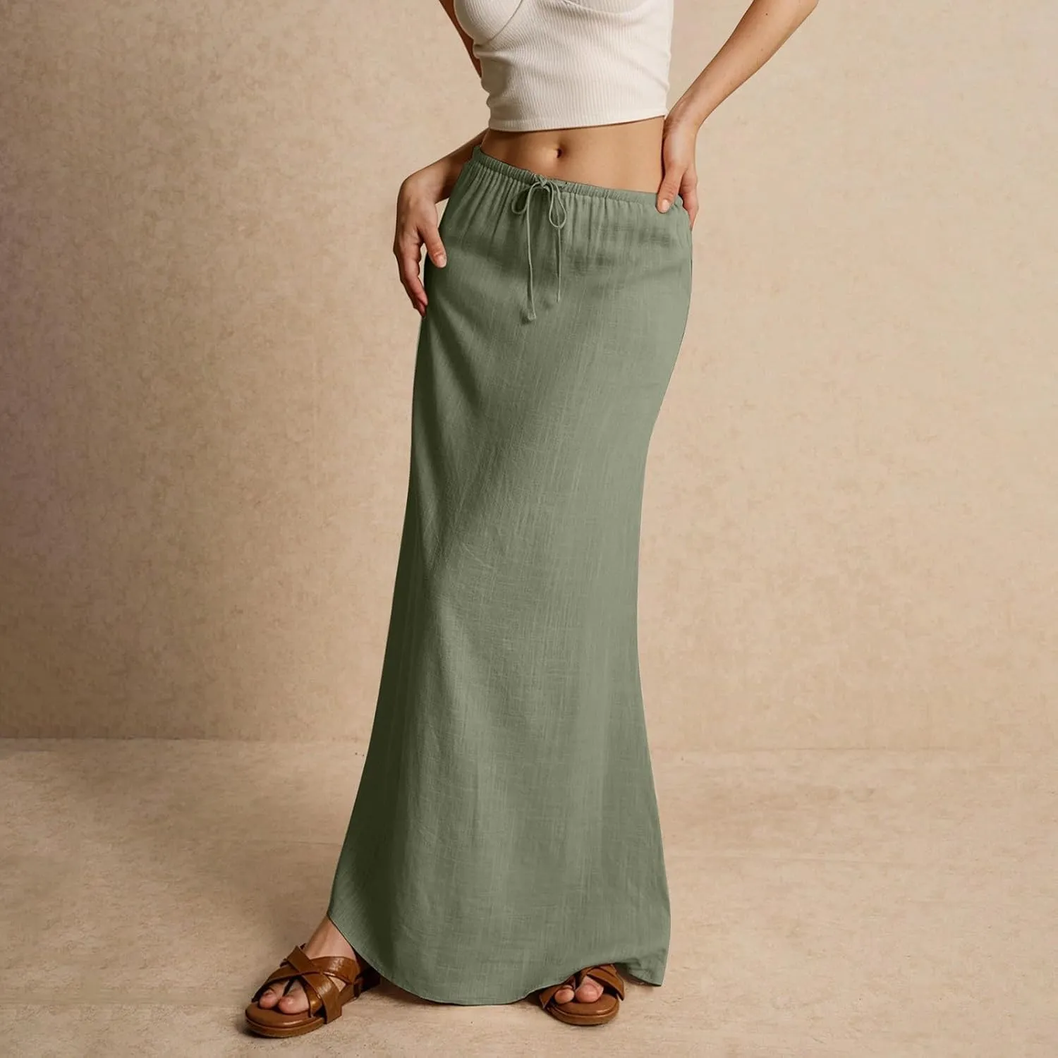 Womens Linen Maxi Skirt Drawstring High Waisted Summer Long Skirts Lightweight Tiered Flowy Skirts