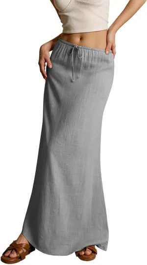 Womens Linen Maxi Skirt Drawstring High Waisted Summer Long Skirts Lightweight Tiered Flowy Skirts