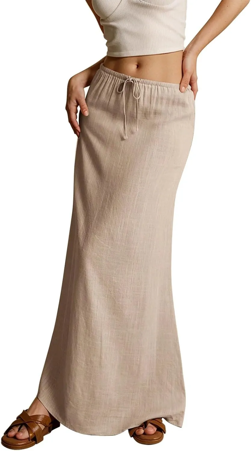 Womens Linen Maxi Skirt Drawstring High Waisted Summer Long Skirts Lightweight Tiered Flowy Skirts