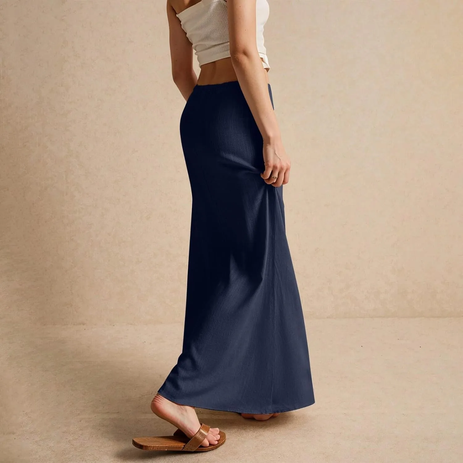 Womens Linen Maxi Skirt Drawstring High Waisted Summer Long Skirts Lightweight Tiered Flowy Skirts