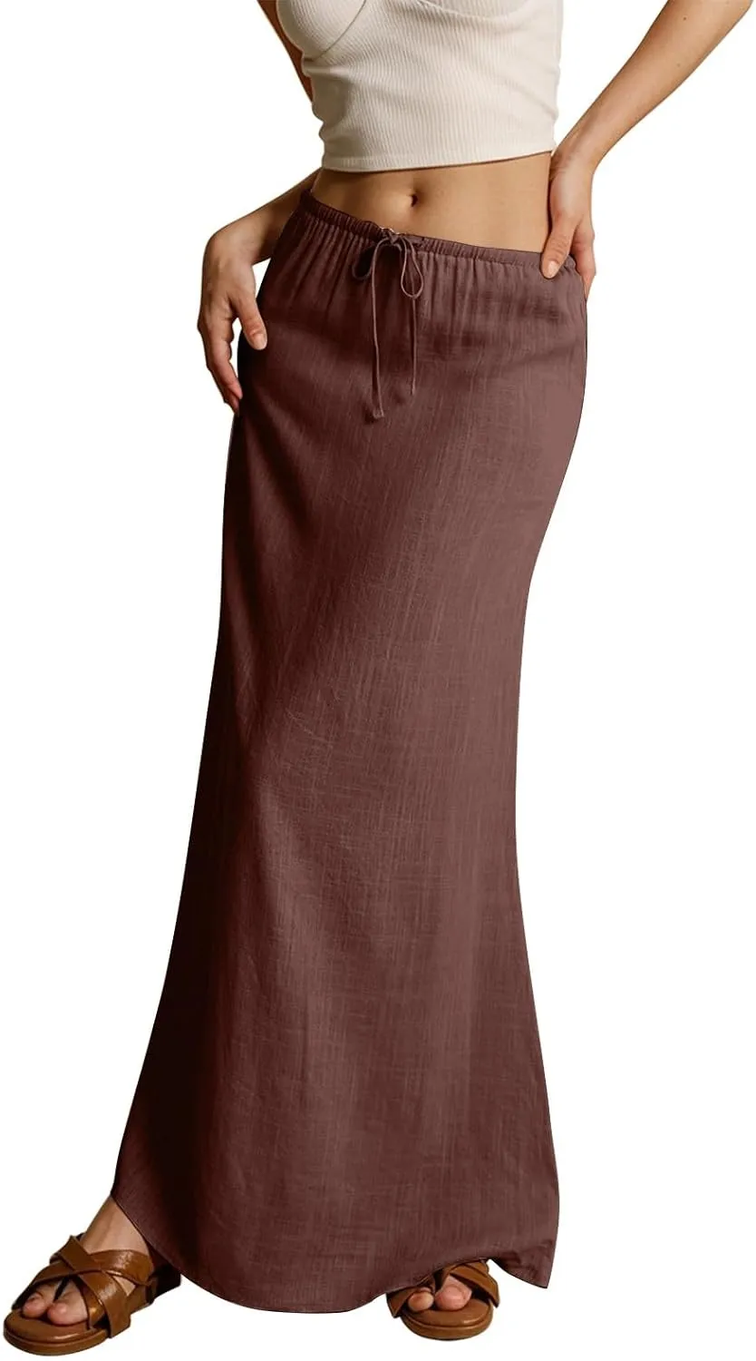 Womens Linen Maxi Skirt Drawstring High Waisted Summer Long Skirts Lightweight Tiered Flowy Skirts