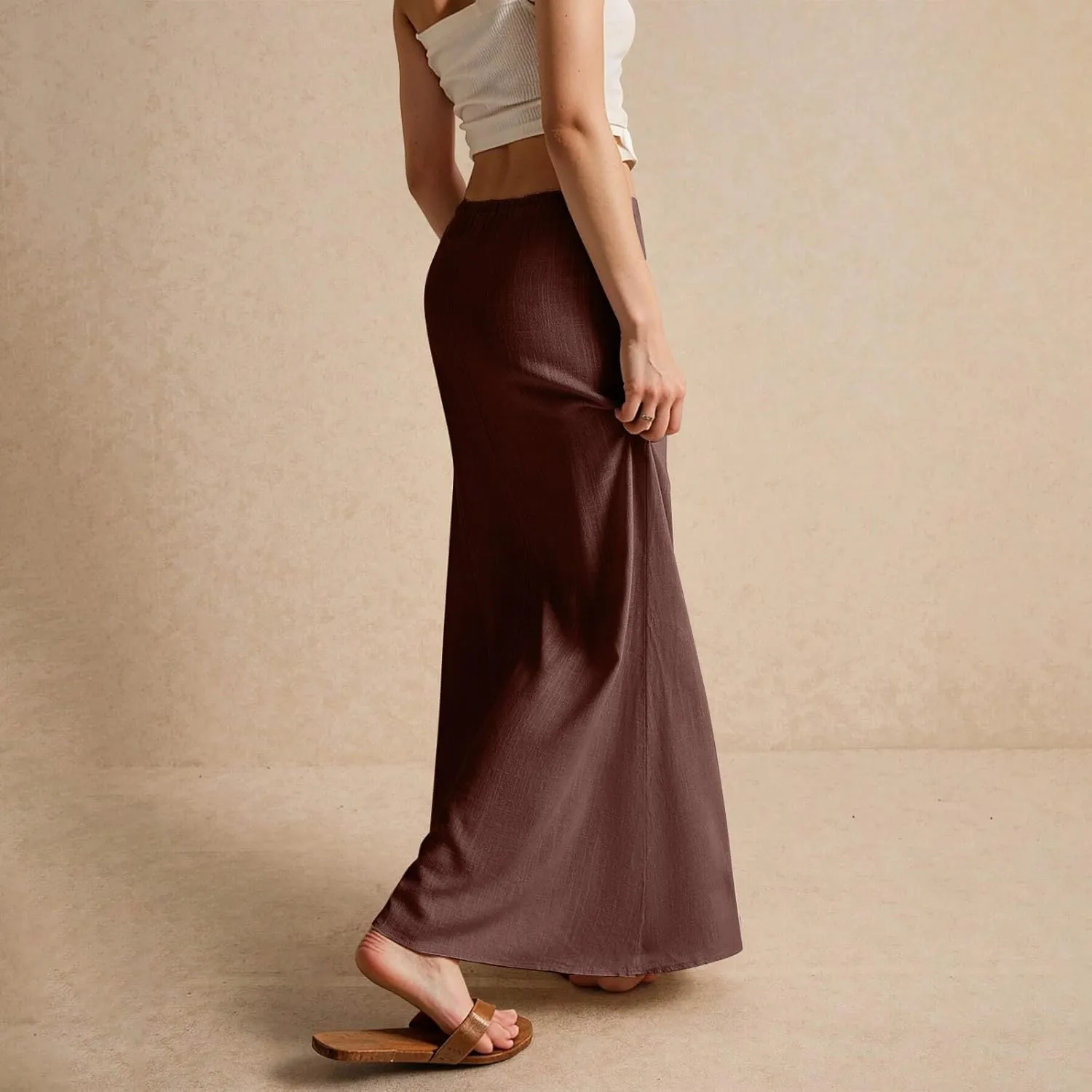 Womens Linen Maxi Skirt Drawstring High Waisted Summer Long Skirts Lightweight Tiered Flowy Skirts