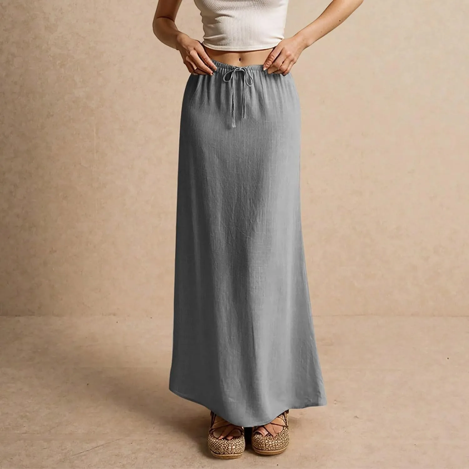 Womens Linen Maxi Skirt Drawstring High Waisted Summer Long Skirts Lightweight Tiered Flowy Skirts