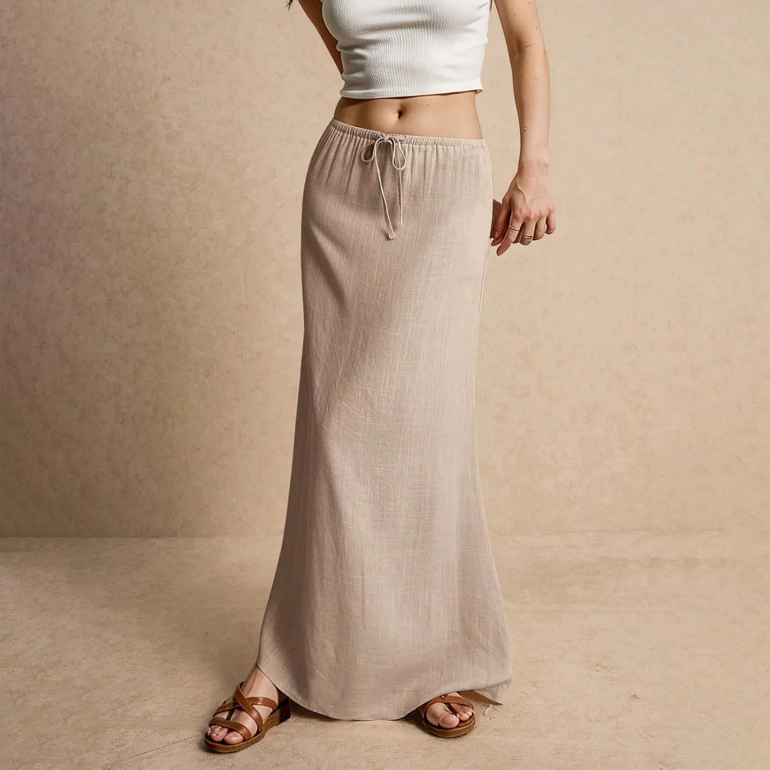 Womens Linen Maxi Skirt Drawstring High Waisted Summer Long Skirts Lightweight Tiered Flowy Skirts