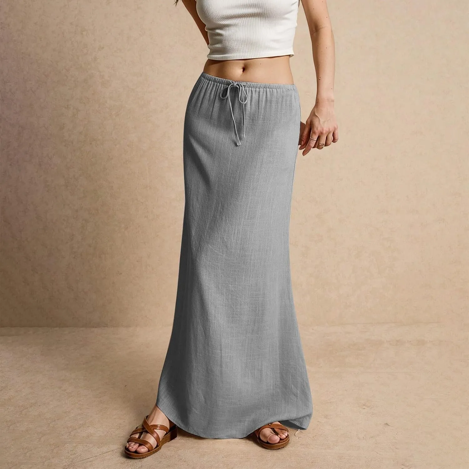 Womens Linen Maxi Skirt Drawstring High Waisted Summer Long Skirts Lightweight Tiered Flowy Skirts
