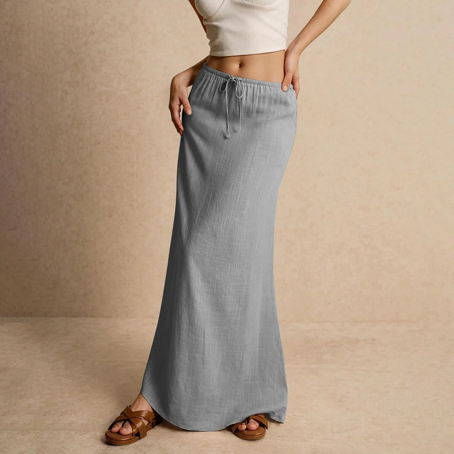 Womens Linen Maxi Skirt Drawstring High Waisted Summer Long Skirts Lightweight Tiered Flowy Skirts