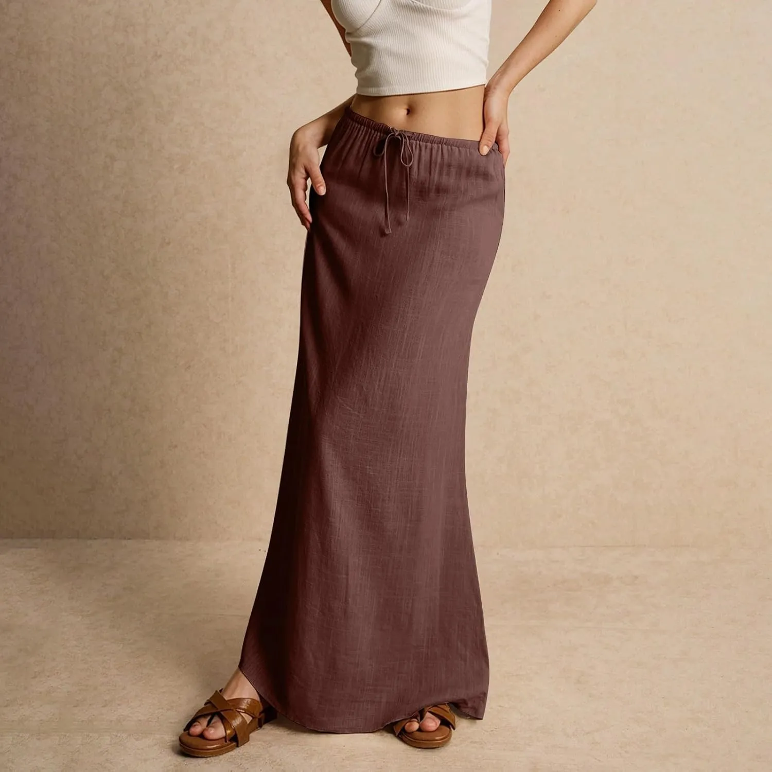 Womens Linen Maxi Skirt Drawstring High Waisted Summer Long Skirts Lightweight Tiered Flowy Skirts