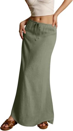 Womens Linen Maxi Skirt Drawstring High Waisted Summer Long Skirts Lightweight Tiered Flowy Skirts
