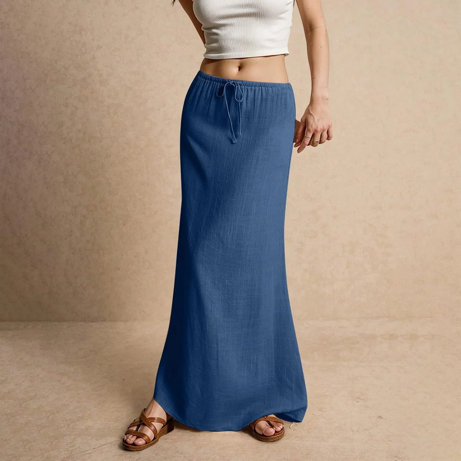 Womens Linen Maxi Skirt Drawstring High Waisted Summer Long Skirts Lightweight Tiered Flowy Skirts