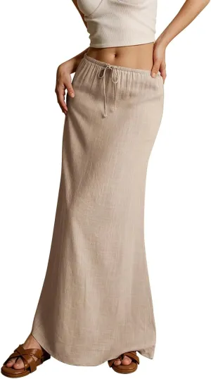Womens Linen Maxi Skirt Drawstring High Waisted Summer Long Skirts Lightweight Tiered Flowy Skirts