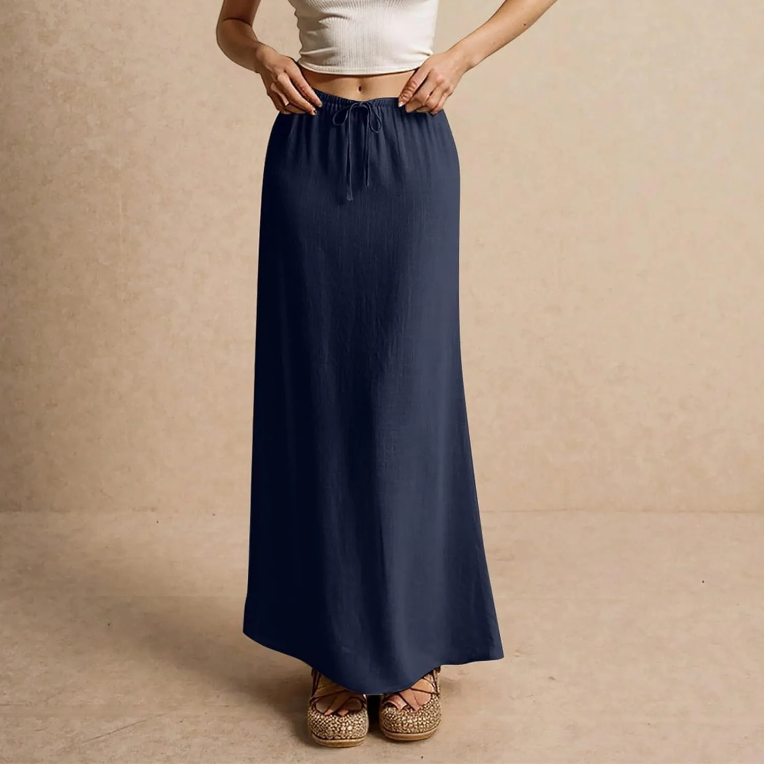 Womens Linen Maxi Skirt Drawstring High Waisted Summer Long Skirts Lightweight Tiered Flowy Skirts