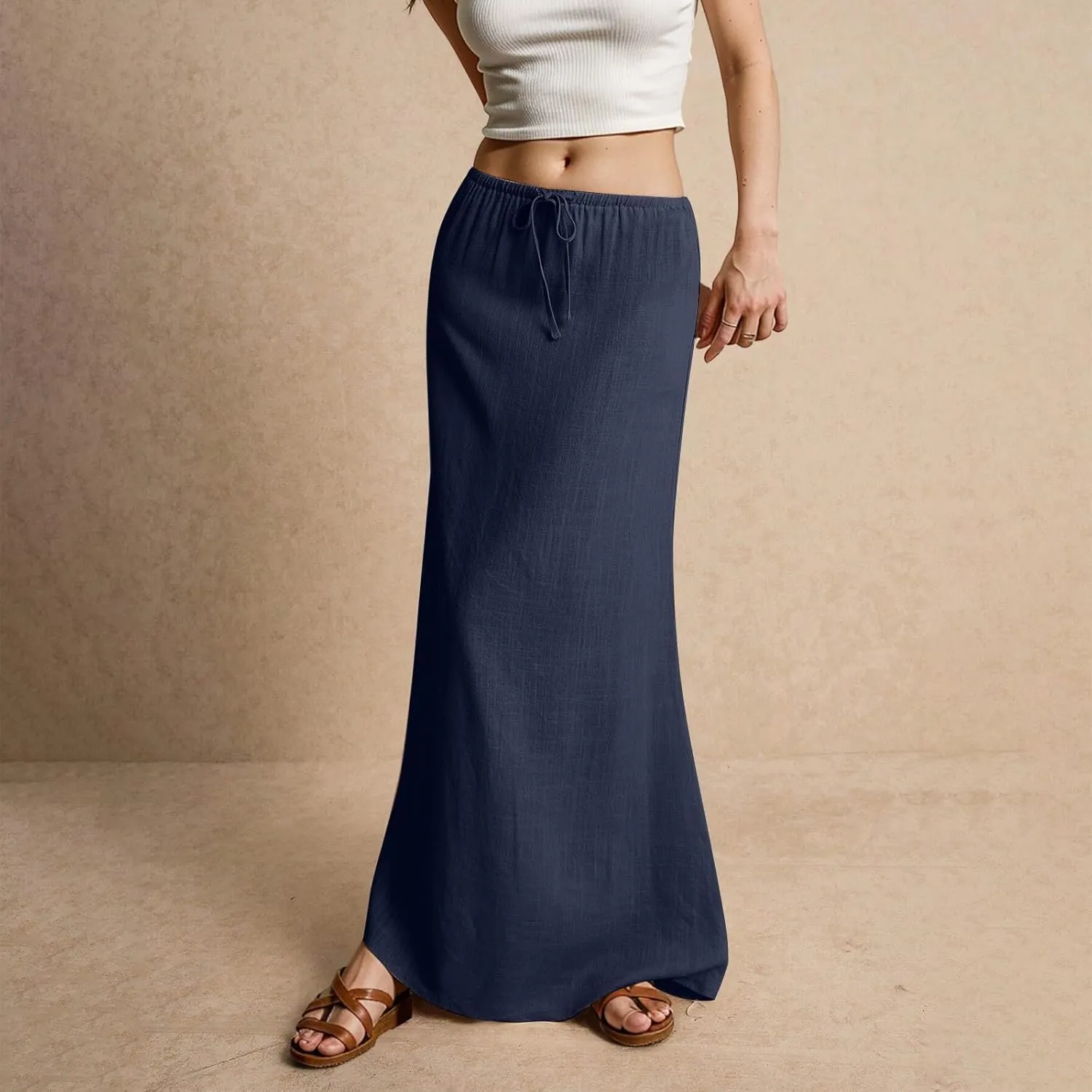 Womens Linen Maxi Skirt Drawstring High Waisted Summer Long Skirts Lightweight Tiered Flowy Skirts