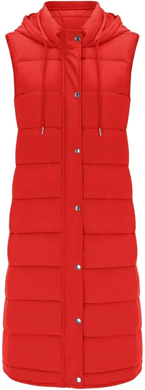 Womens Long Puffer Jacket Vest Warm Winter Coats Fashion Sleeveless Hooded Tanks Down Coat Full Zip Quilted Outwear