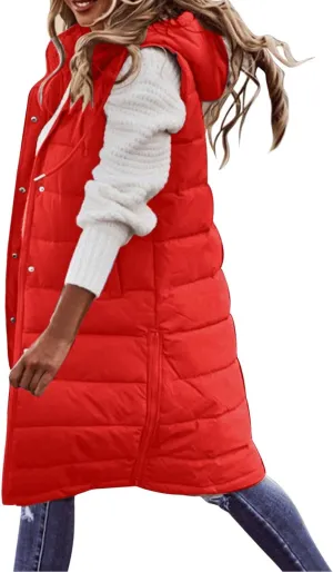 Womens Long Puffer Jacket Vest Warm Winter Coats Fashion Sleeveless Hooded Tanks Down Coat Full Zip Quilted Outwear