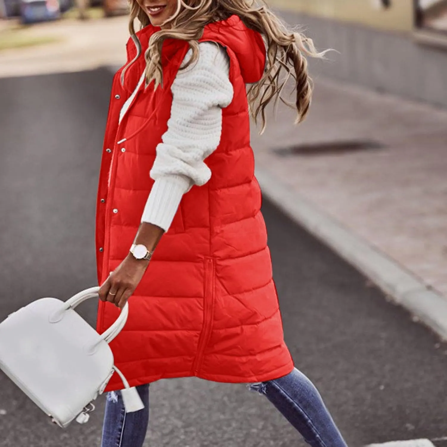 Womens Long Puffer Jacket Vest Warm Winter Coats Fashion Sleeveless Hooded Tanks Down Coat Full Zip Quilted Outwear