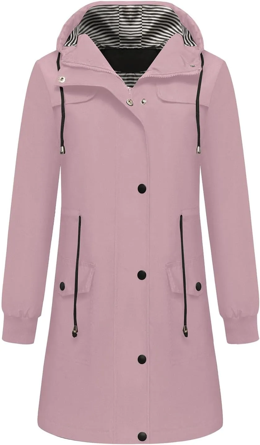 Women's Long Raincoat Waterproof Trench Coats Hooded Windbreaker Zip Up Utility Jackets Winter/Fall Outwear Hoodies
