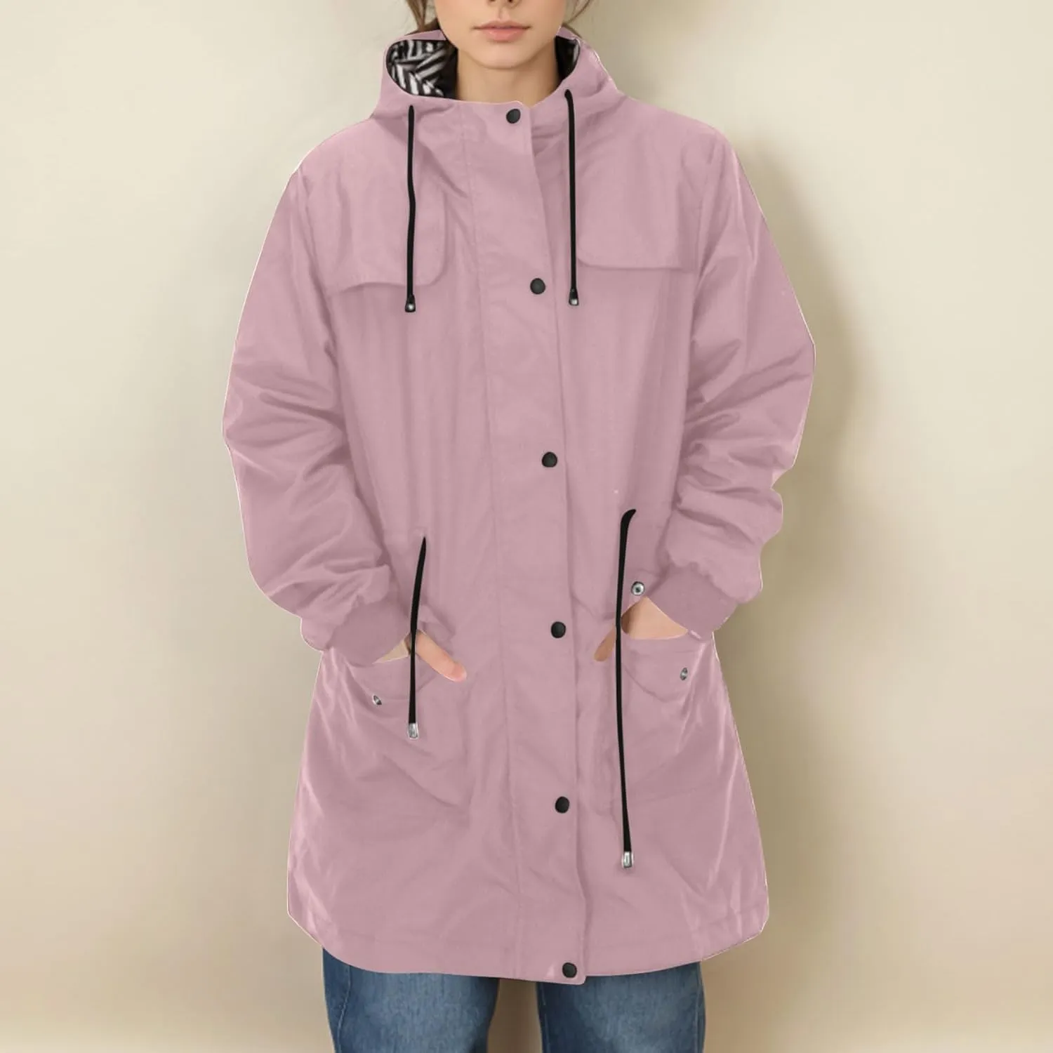 Women's Long Raincoat Waterproof Trench Coats Hooded Windbreaker Zip Up Utility Jackets Winter/Fall Outwear Hoodies