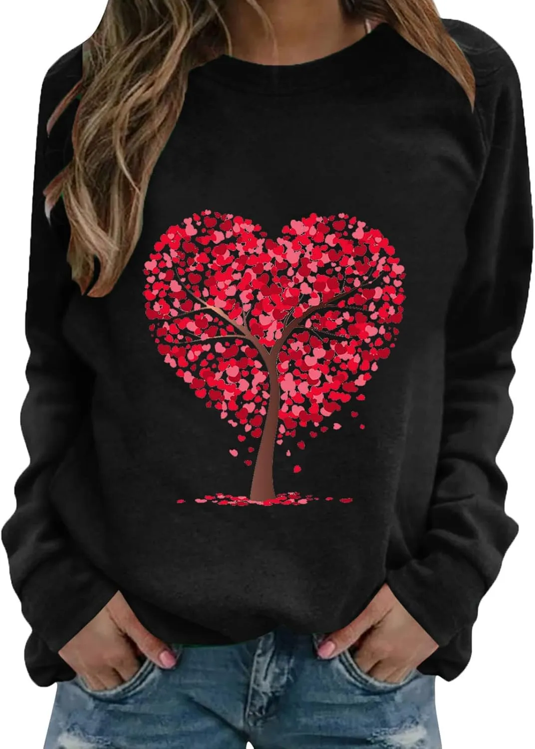 Womens Long-Sleeved Crewneck Sweatshirts 2025 Valentine's Day Printed Trendy Pullover Tops Loose Based Casual Blouses