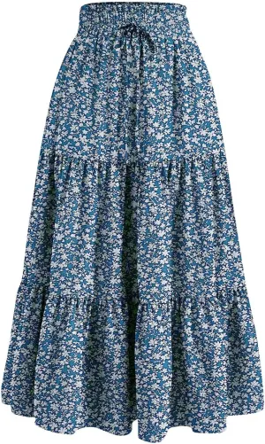 Womens Maxi Skirt Drawstring High Waisted Summer Long Skirts Lightweight Tiered Flowy Floral Pleated Skirts w/Pockets