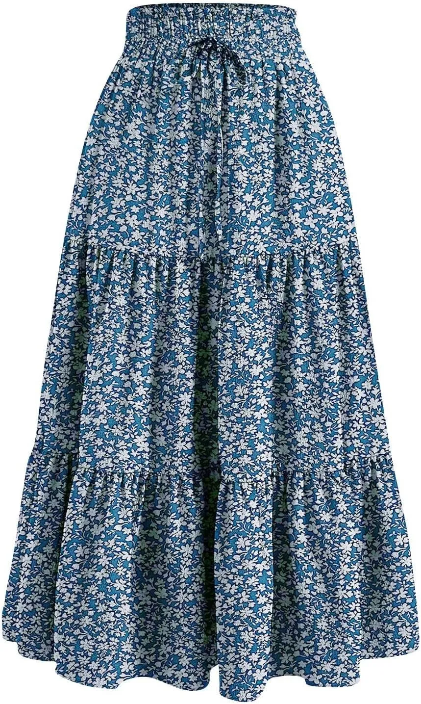 Womens Maxi Skirt Drawstring High Waisted Summer Long Skirts Lightweight Tiered Flowy Floral Pleated Skirts w/Pockets