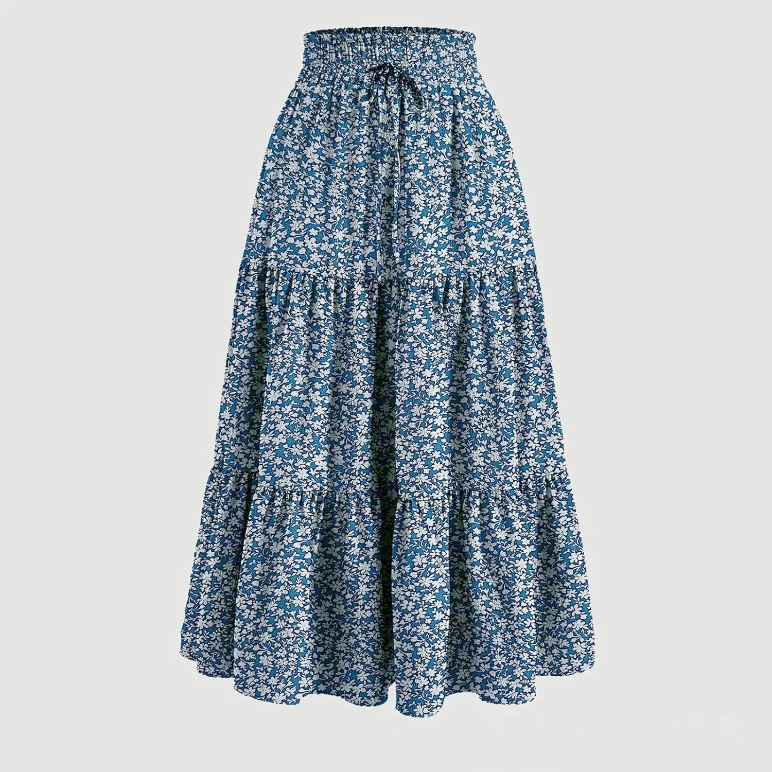 Womens Maxi Skirt Drawstring High Waisted Summer Long Skirts Lightweight Tiered Flowy Floral Pleated Skirts w/Pockets