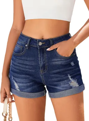 Women's Mid-High Rise Ripped Denim Shorts Stretchy Distressed Jean Shorts with Pockets Folded Hem Casual Summer Jorts