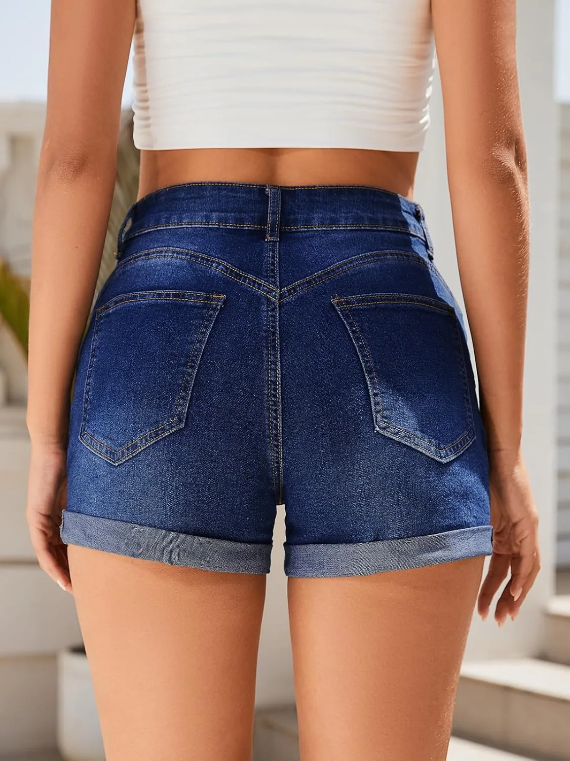 Women's Mid-High Rise Ripped Denim Shorts Stretchy Distressed Jean Shorts with Pockets Folded Hem Casual Summer Jorts