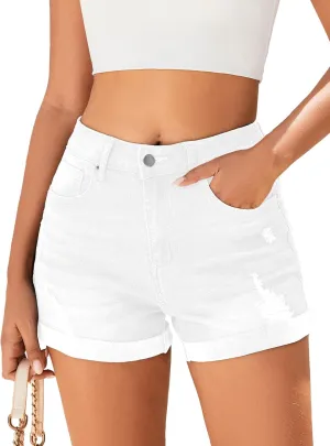 Women's Mid-High Rise Ripped Denim Shorts Stretchy Distressed Jean Shorts with Pockets Folded Hem Casual Summer Jorts