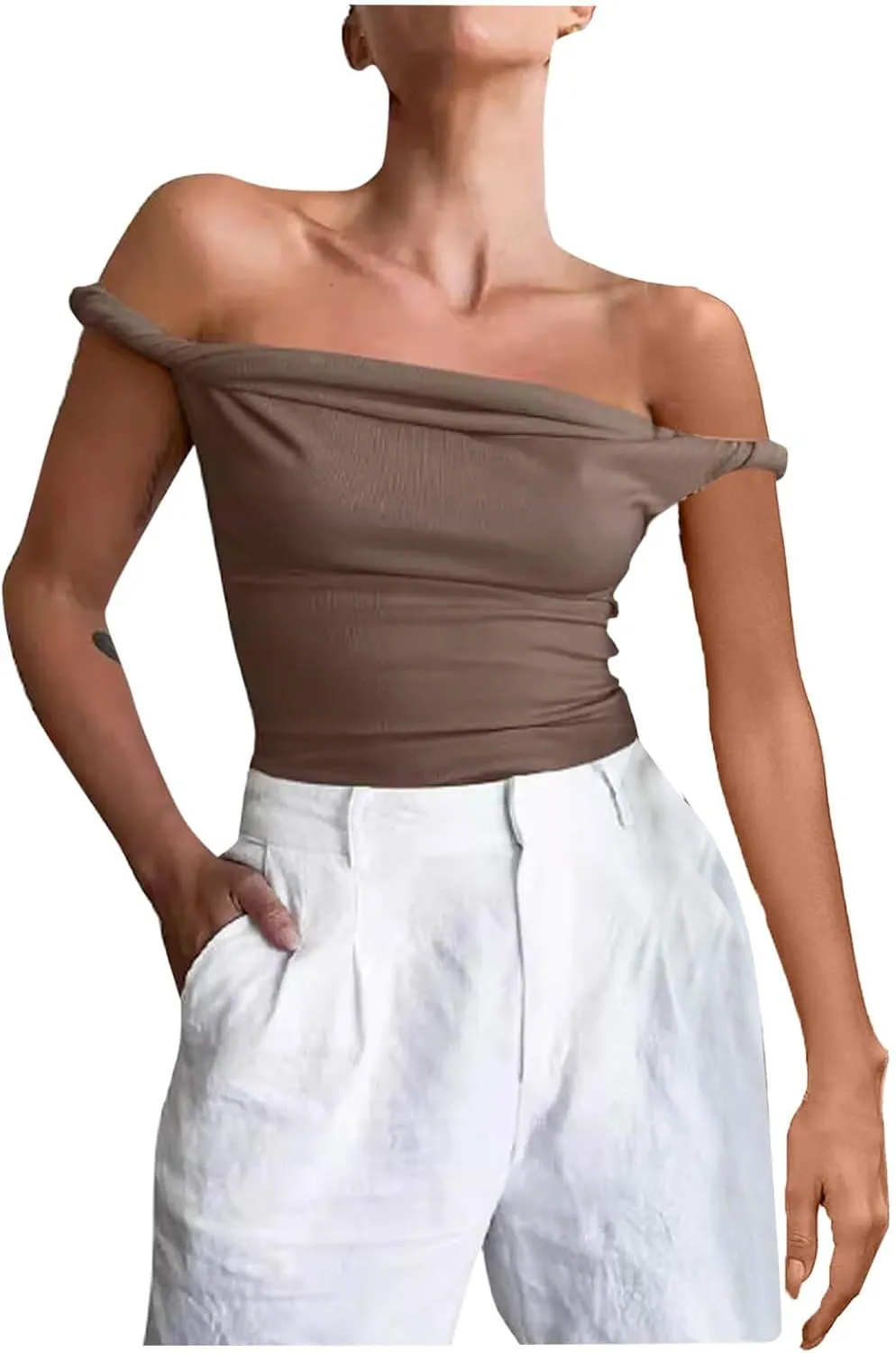 Women's Off Shoulder Crop Tops 2025 Summer Sleeveless Slim Stretchy Casual T Shirts Y2k Trendy Going Out Tank Tops