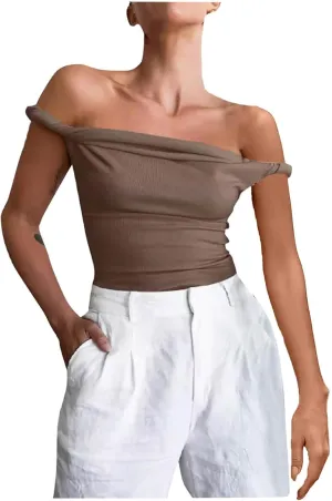 Women's Off Shoulder Crop Tops 2025 Summer Sleeveless Slim Stretchy Casual T Shirts Y2k Trendy Going Out Tank Tops